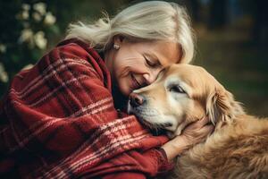 ai genererad äldre äldre med sällskapsdjur, ett gammal ensam kvinna med henne hund, ai generativ foto