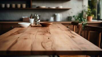 ai genererad tömma brun trä- tabell topp och suddig defocused modern kök bakgrund, ai generativ foto