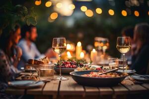 ai genererad Lycklig vänner har roligt utomhus. grupp av vänner har bakgård middag fest, ai generativ foto