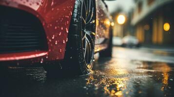 ai genererad bil våt, en bil i de regn de fokus är på de däck, närbild av bil däck på våt, ai generativ foto