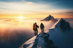 ai genererad snöig dimmig berg klättrare, 2 klättrare klättra till de topp av snöig fjäll, vandring, ai generativ foto