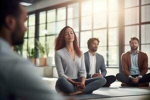 ai genererad grupp av människor framställning yoga övningar på studio foto