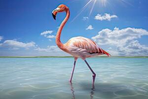 ai genererad rosa flamingo i de vatten. ai genererad foto