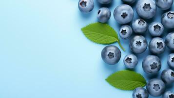 ai genererad blå bakgrund med blåbär frukt med plats för text foto