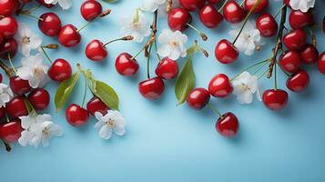 ai genererad körsbär frukt och körsbär blommar på en blek blå bakgrund foto