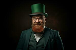 ai genererad glad skäggig rödhårig man i en stor traditionell st. Patricks topp hatt foto