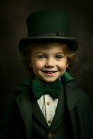 ai genererad glad liten pojke bär traditionell grön st. Patricks topp hatt foto