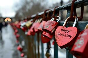 ai genererad hänglås i form av en hjärta på en staket bland många Övrig hänglås. valentines dag, kärlek och relation begrepp. generativ ai foto