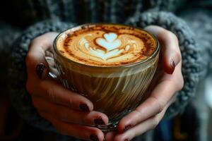 ai genererad kvinna händer innehav en kopp av kaffe med skum på blå bakgrund. varm kaffe med en hjärta. ai generativ foto