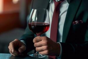 ai genererad företag man händer innehav en röd vin glas .generativ ai foto