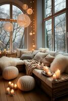 ai genererad vinter- mysigt levande rum med en soffa, stor fönster, ljus och lampor foto