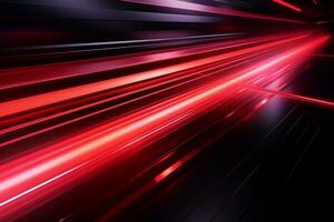 ai genererad röd neon ljus rader rör på sig på hastighet i de begrepp av snabb modern kommunikation. foto