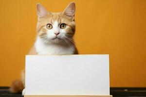 ai genererad älskvärd orange tabby poser med tom whiteboard, en lekfull kattdjur foto