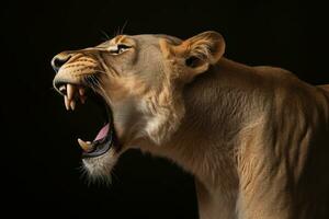 ai genererad närbild av ett arg rytande lejon redo till ge sig på. generativ ai foto