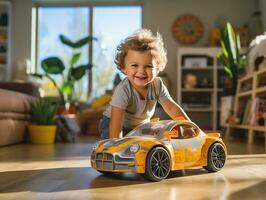 ai genererad unge pojke litet barn spelar med leksak bil foto