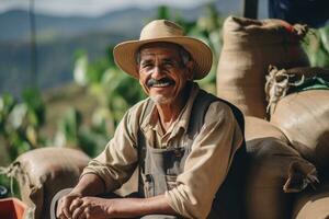 ai genererad manlig kaffe jordbrukare leende i främre av hans bruka bokeh stil bakgrund med generativ ai foto