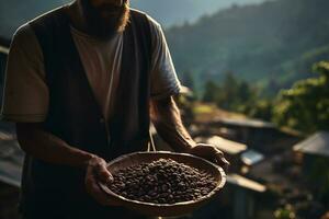 ai genererad en man innehav en trä bricka av kaffe bönor i främre av natur bakgrund bokeh stil bakgrund med generativ ai foto