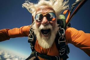 ai genererad ett gammal man tar en selfie medan fallskärmshoppning med genererad ai foto