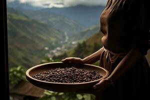 ai genererad en kvinna innehav en trä bricka av kaffe bönor i främre av natur bakgrund bokeh stil bakgrund med generativ ai foto