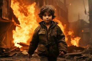 ai genererad en ung pojke stående i främre av en brinnande byggnad bokeh stil bakgrund med generativ ai foto