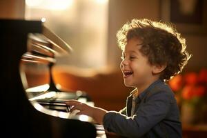 ai genererad en pojke spelar piano i levande rum bokeh stil bakgrund med generativ ai foto