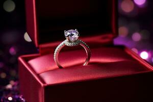 ai genererad en diamant bröllop ringa i en röd lila låda bokeh stil bakgrund med genererad ai foto