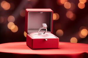 ai genererad en diamant bröllop ringa i en röd låda bokeh stil bakgrund med genererad ai foto
