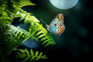 ai genererad blå och gul fjäril Sammanträde på grön växt löv bokeh stil bakgrund med genererad ai foto
