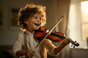 ai genererad ung pojke spelar fiol bokeh stil bakgrund med generativ ai foto