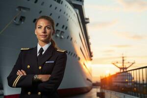 ai genererad en kvinna kapten stående i främre av de fartyg bokeh stil bakgrund med genererad ai foto