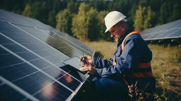 ai genererad ingenjör och investerare ledande inspektion av sol- paneler på förnybar energi anläggning foto
