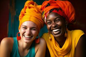 ai genererad afrikansk och amerikan kvinnor leende tillsammans mångfald begrepp med generativ ai foto