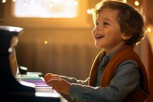 ai genererad en pojke spelar piano i levande rum bokeh stil bakgrund med generativ ai foto