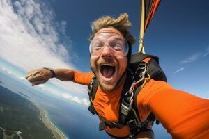 ai genererad en man tar en selfie medan fallskärmshoppning med genererad ai foto