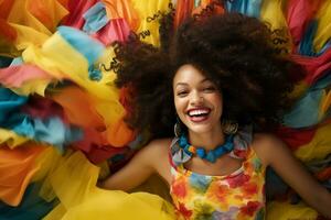 ai genererad afrikansk amerikan kvinna leende och bär färgrik klänning med generativ ai foto