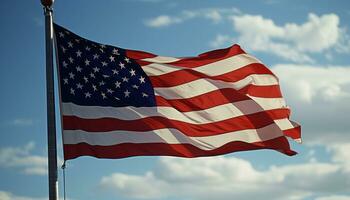 ai genererad patriotisk amerikan flagga vinka stolt på oberoende dag, symboliserar frihet och nationell stolthet foto