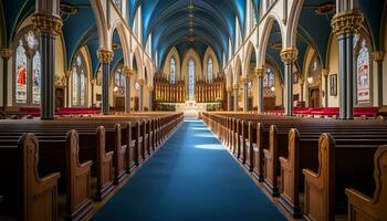 ai genererad påsk söndag lugn kyrka interiör badade i strålnings ljus från färgade glas fönster foto