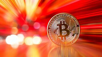 ai genererad bitcoin på suddig defocused röd abstrakt bakgrund med kopia Plats för text placering foto