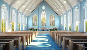 ai genererad påsk söndag lugn kyrka interiör upplyst förbi strålnings ljus och färgade glas fönster foto