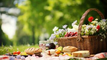 ai genererad crackers parkera picknick mat foto