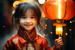 ai genererad en söt kinesisk flicka bär traditionell kläder innehav en lykta på lunar ny år. generativ ai. foto