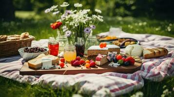 ai genererad crackers utomhus- picknick mat foto