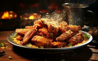 ai genererad rök grillad utsökt kött med kyckling vingar på en tallrik foto