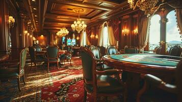 ai genererad lyx kasino interiör med tabeller och stolar. årgång tonad. foto