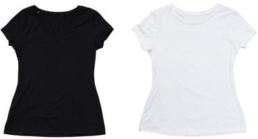 t-shirt mall, svart och vit t shirt, fram och bak design t shirt mock up. tom tom tröja kopia utrymme foto