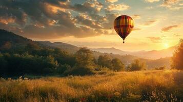 ai genererad vibrerande varm luft ballong flytande över en frodig landskap under solnedgång. idealisk för natur, äventyr, och resa teman. baner med kopia Plats. foto