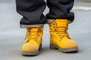 ai genererad stänga upp säkerhet skor män använda sig av för skydd olycka i fabrik. neuralt nätverk ai genererad foto