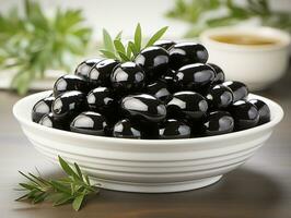 ai genererad stor smörig svart oliver på vit tallrik foto