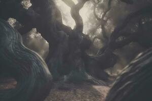 ai genererad läskigt halloween död- mystisk skog kuslig träd med vriden rötter och två ödla på dimmig natt skog. skrämmande begrepp. neuralt nätverk ai genererad foto