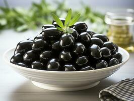 ai genererad stor smörig svart oliver på vit tallrik foto
